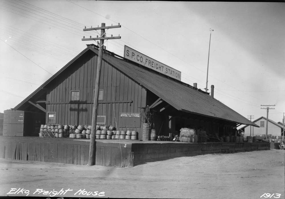 A stereo card of a group of people standing on the platform at the depot in Elko, Nevada