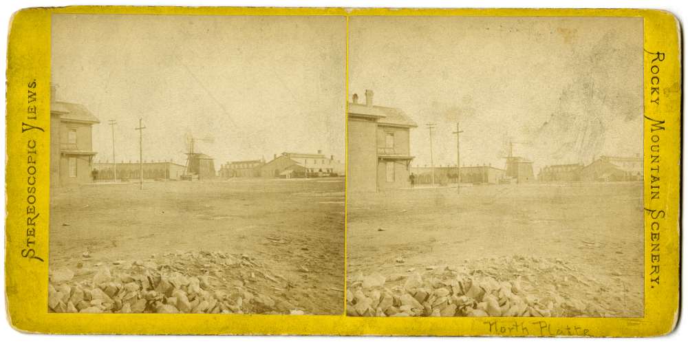 A stereo card showing machine shops in North Platte, Nebraska