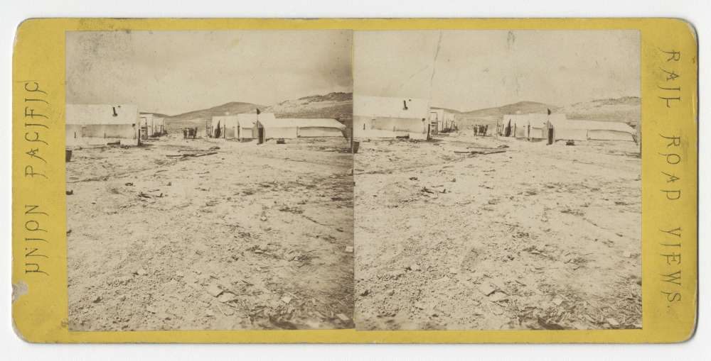 A stereo card showing Deadfall near Promontory